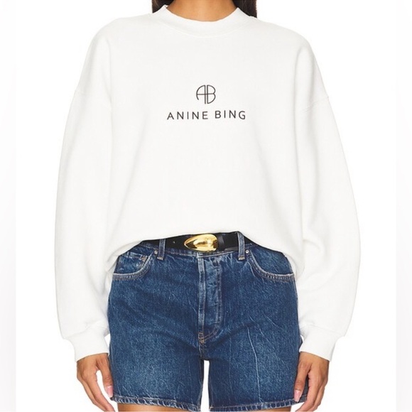 NWT Anine Bing Jaci Logo Monogram Sweatshirt in Ivory White - Picture 1 of 10